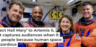 The Artemis II crew poses during a ground systems test ahead of launch. NASA/Frank Michaux